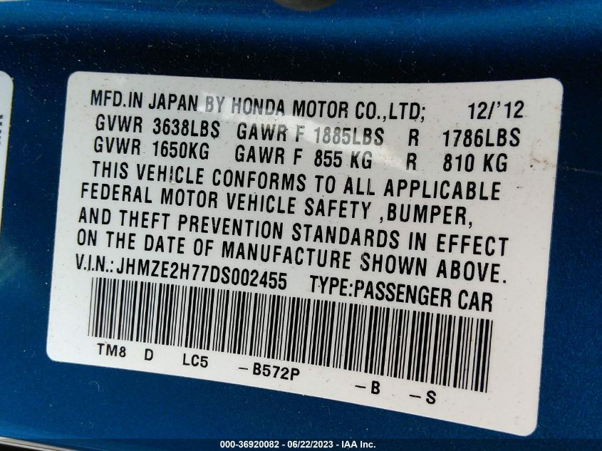 2013 HONDA INSIGHT EX - JHMZE2H77DS002455