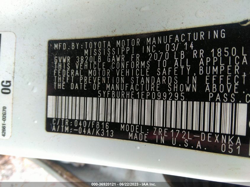 2014 TOYOTA COROLLA L/LE/LE PLS/PRM/S/S PLS - 5YFBURHE1EP099295