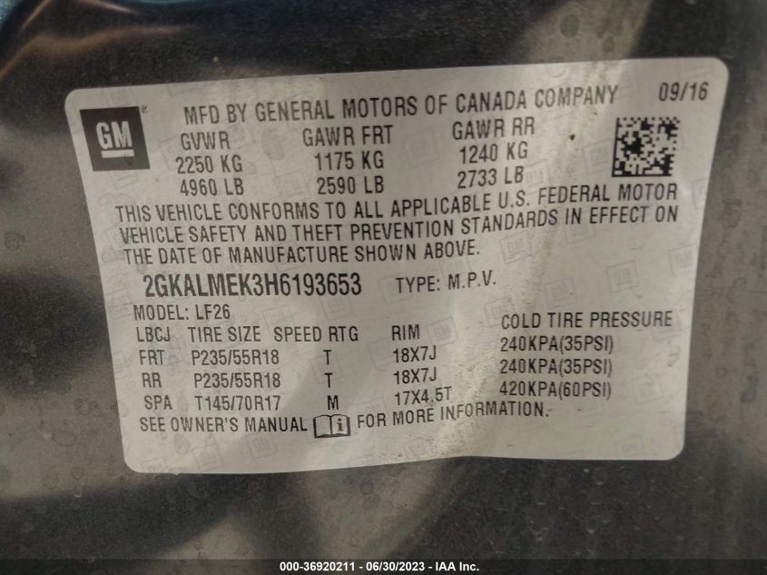 2017 GMC TERRAIN SLE - 2GKALMEK3H6193653