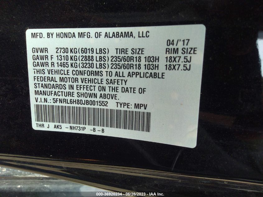 5FNRL6H80JB001552 2018 HONDA ODYSSEY, photo no. 9