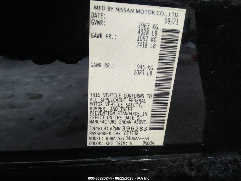 2021 NISSAN ALTIMA SR - 1N4BL4CV2MN396283