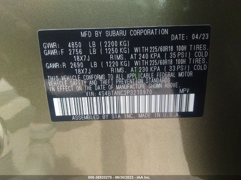 2023 SUBARU OUTBACK LIMITED - 4S4BTANC2P3210970