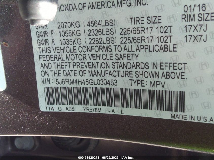 2016 HONDA CR-V SE - 5J6RM4H45GL030463