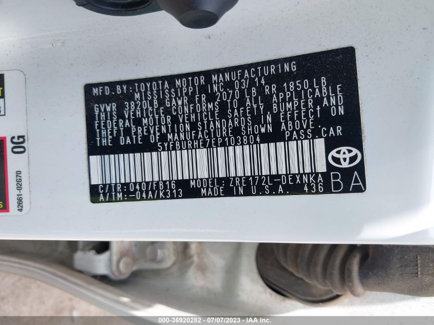 2014 TOYOTA COROLLA L/LE/S/S PLUS/LE PLUS - 5YFBURHE7EP103804