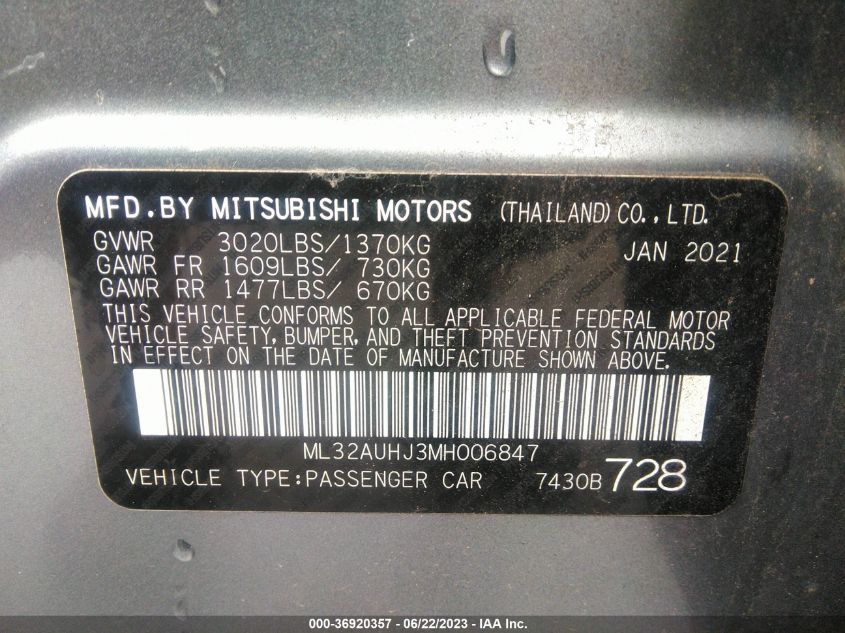 2021 MITSUBISHI MIRAGE ES/LE/CARBONITE EDITION - ML32AUHJ3MH006847