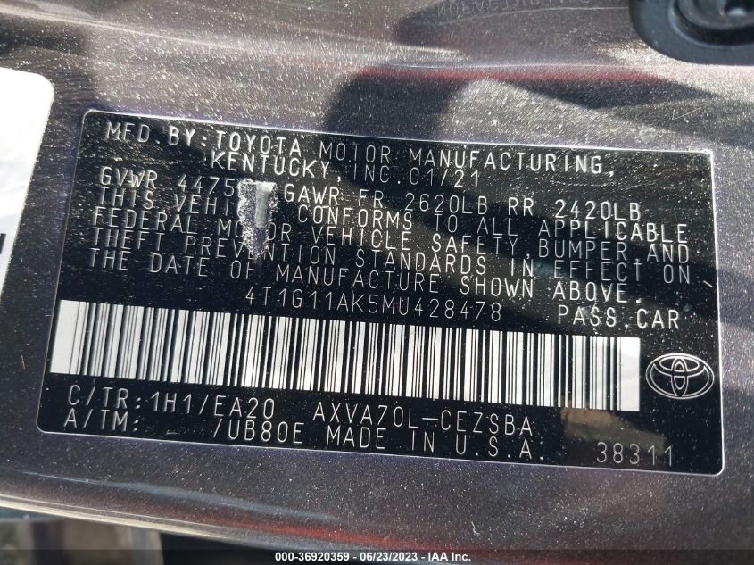 2021 TOYOTA CAMRY SE - 4T1G11AK5MU428478