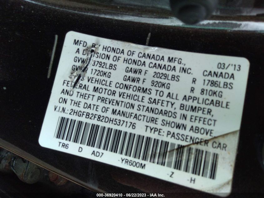 2013 HONDA CIVIC SDN EX - 2HGFB2F82DH537176