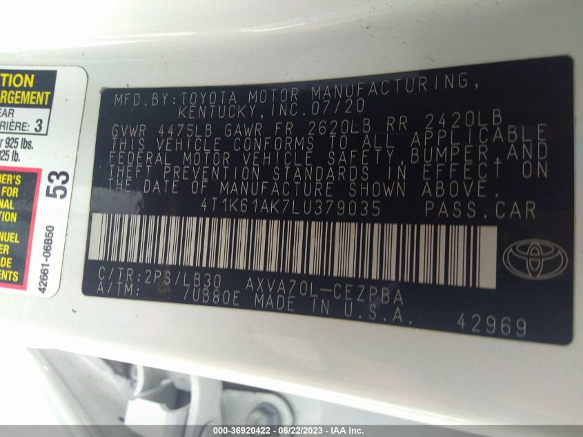 2020 TOYOTA CAMRY XSE - 4T1K61AK7LU379035