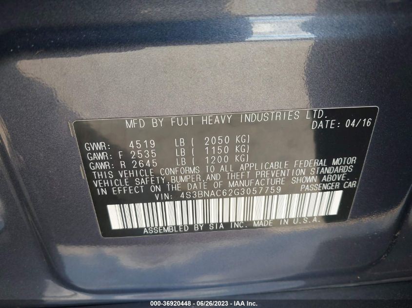 2016 SUBARU LEGACY 2.5I PREMIUM - 4S3BNAC62G3057759