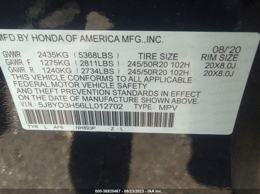 2020 ACURA MDX W/TECHNOLOGY PKG - 5J8YD3H56LL012702