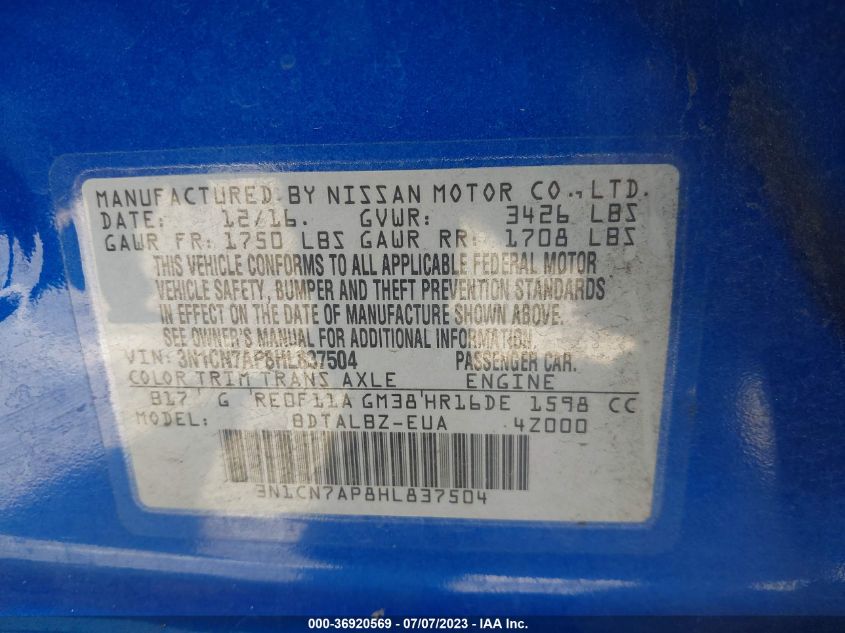 2017 NISSAN VERSA SEDAN SV - 3N1CN7AP8HL837504
