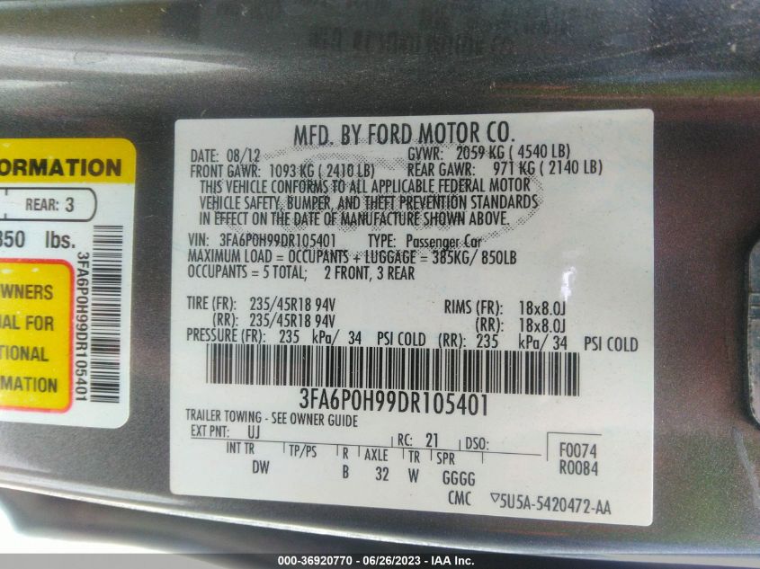 2013 FORD FUSION SE - 3FA6P0H99DR105401