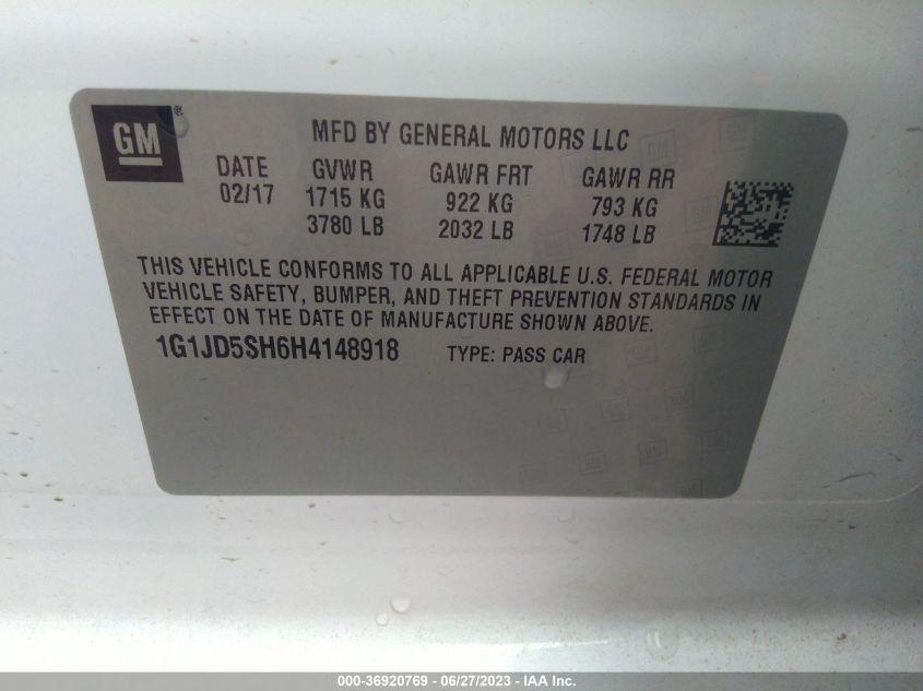 2017 CHEVROLET SONIC LT - 1G1JD5SH6H4148918
