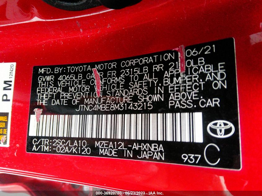 2021 TOYOTA COROLLA HATCHBACK XSE JTNC4MBE8M3143215