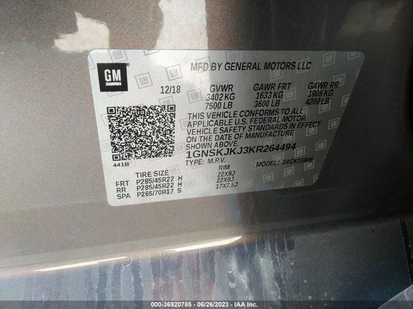 2019 CHEVROLET SUBURBAN K1500 PREMIER - 1GNSKJKJ3KR264494