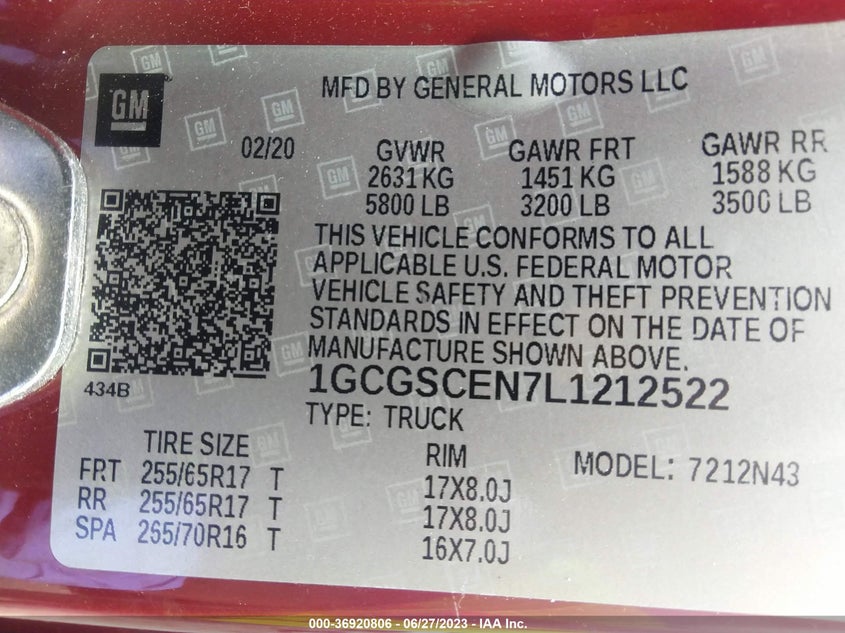 VIN 1GCGSCEN7L1212522 2020 CHEVROLET COLORADO 2WD LT