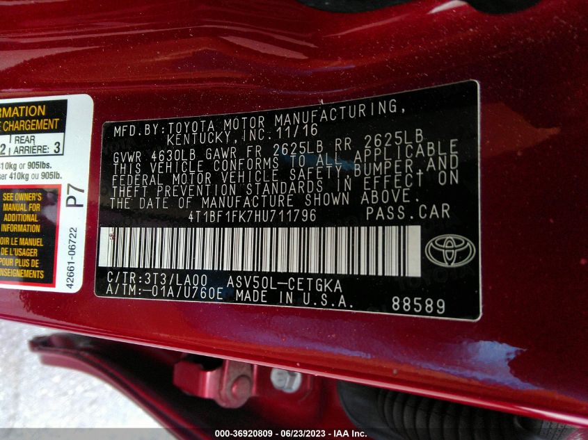 2017 TOYOTA CAMRY XLE/SE/LE/XSE - 4T1BF1FK7HU711796