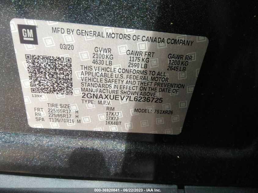 2020 CHEVROLET EQUINOX LT - 2GNAXUEV7L6236725