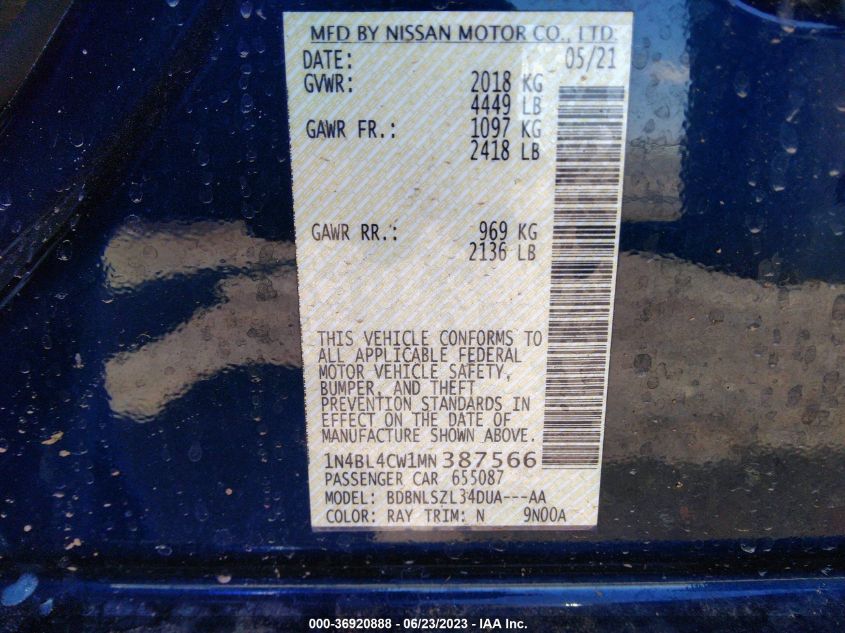 2021 NISSAN ALTIMA 2.5 SR - 1N4BL4CW1MN387566
