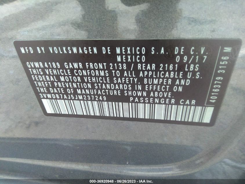 2018 VOLKSWAGEN JETTA SE/WOLFSBURG - 3VWDB7AJ5JM237249