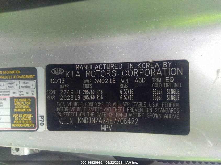 2014 KIA SOUL BASE - KNDJN2A24E7706422