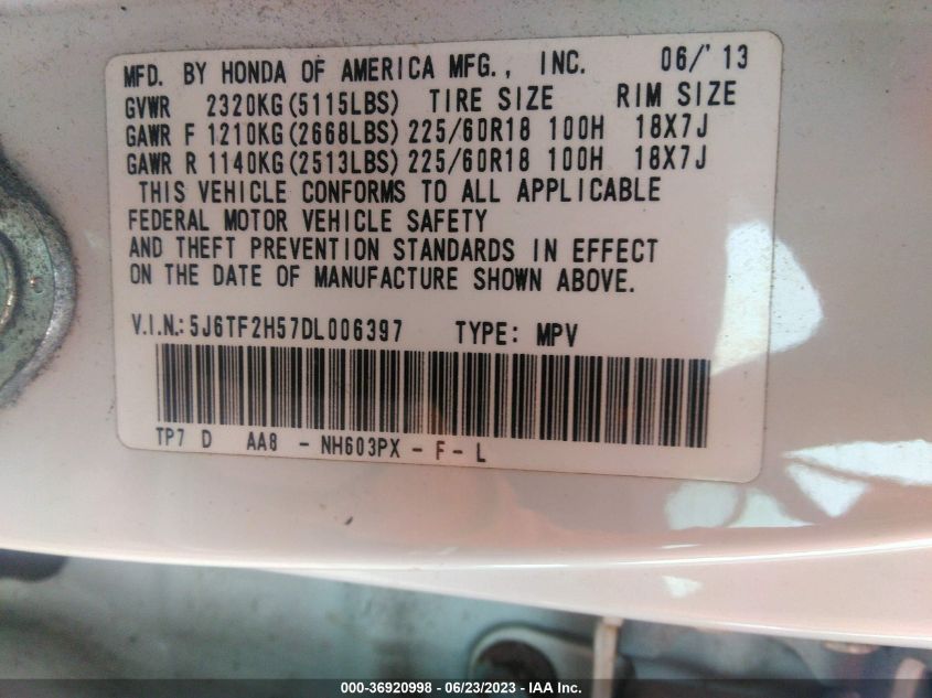 2013 HONDA CROSSTOUR EX-L 5J6TF2H57DL006397