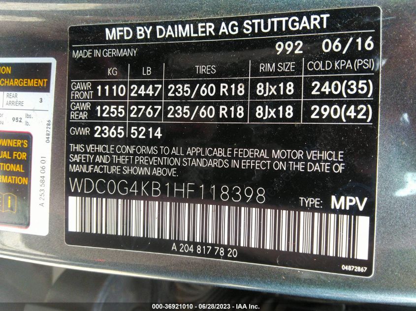 2017 MERCEDES-BENZ GLC GLC 300 - WDC0G4KB1HF118398