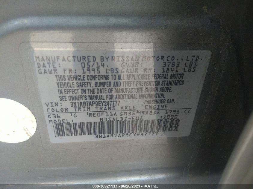 2014 NISSAN SENTRA S/FE+ S/SV/FE+ SV/SR/SL - 3N1AB7AP9EY247777