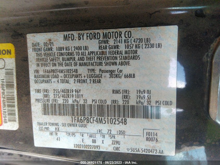 2021 FORD MUSTANG GT - 1FA6P8CF4M5102548