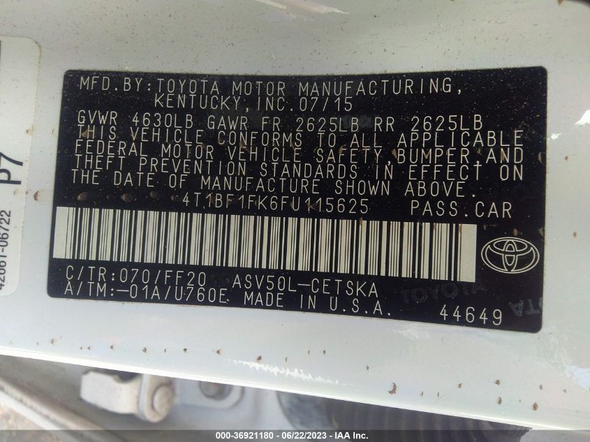 2015 TOYOTA CAMRY XLE/SE/LE/XSE - 4T1BF1FK6FU115625