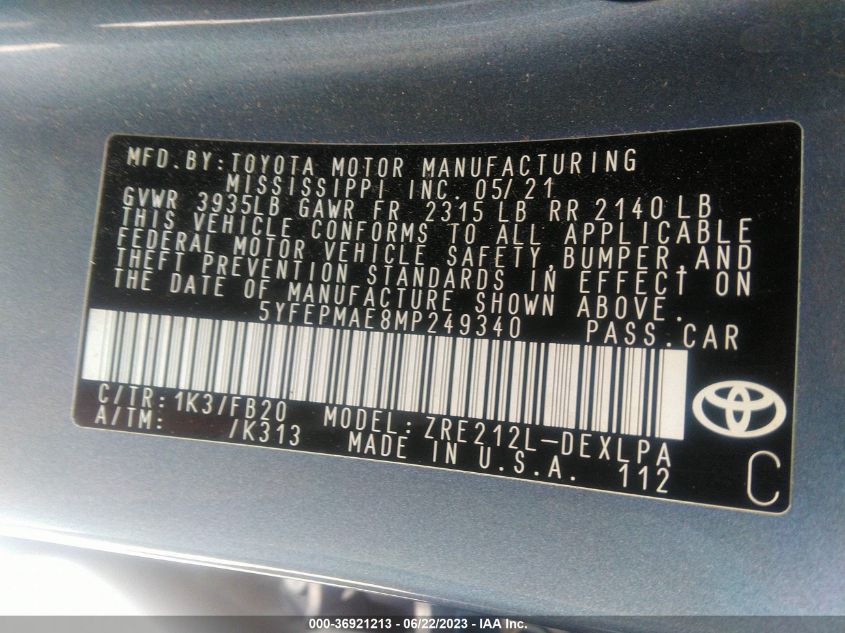 2021 TOYOTA COROLLA LE - 5YFEPMAE8MP249340