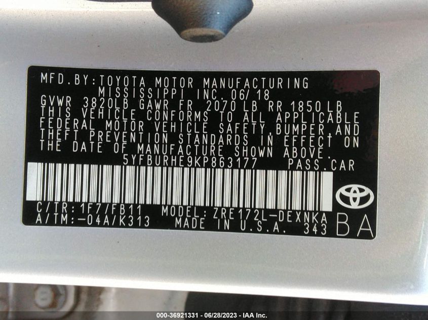 2019 TOYOTA COROLLA L/LE/SE/XLE/XSE - 5YFBURHE9KP863177