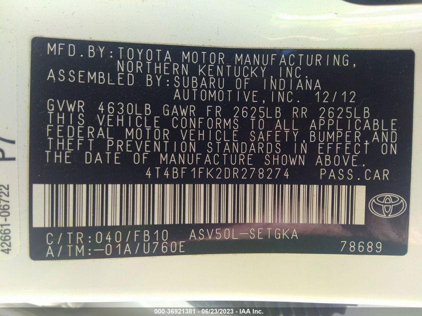 2013 TOYOTA CAMRY L/LE/SE/XLE - 4T4BF1FK2DR278274