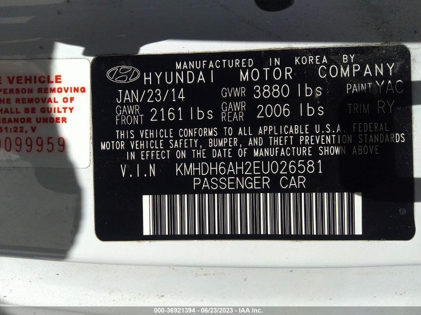 2014 HYUNDAI ELANTRA COUPE - KMHDH6AH2EU026581