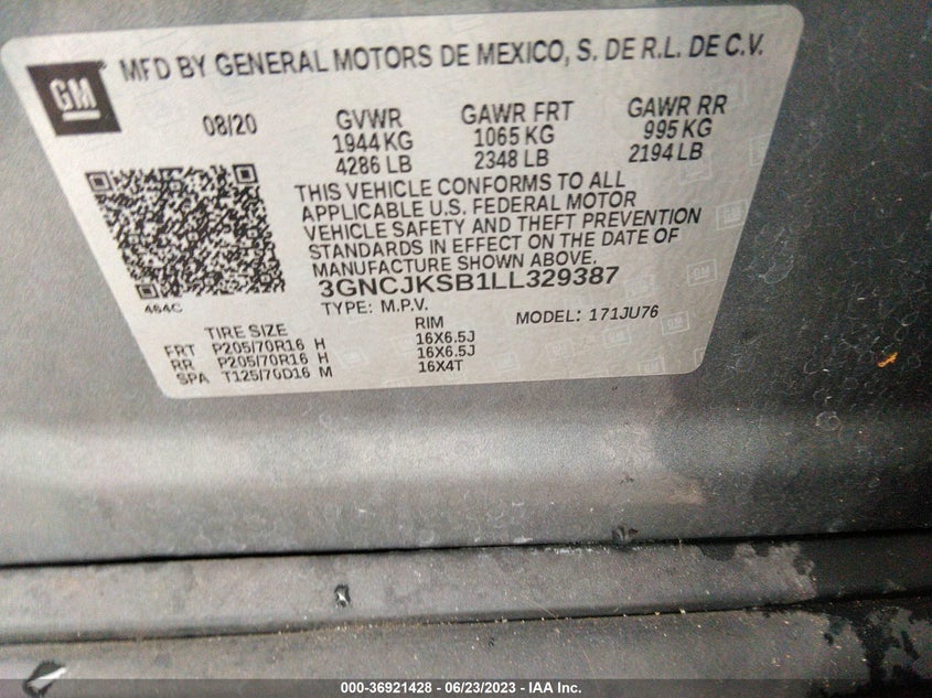VIN 3GNCJKSB1LL329387 2020 CHEVROLET TRAX LS