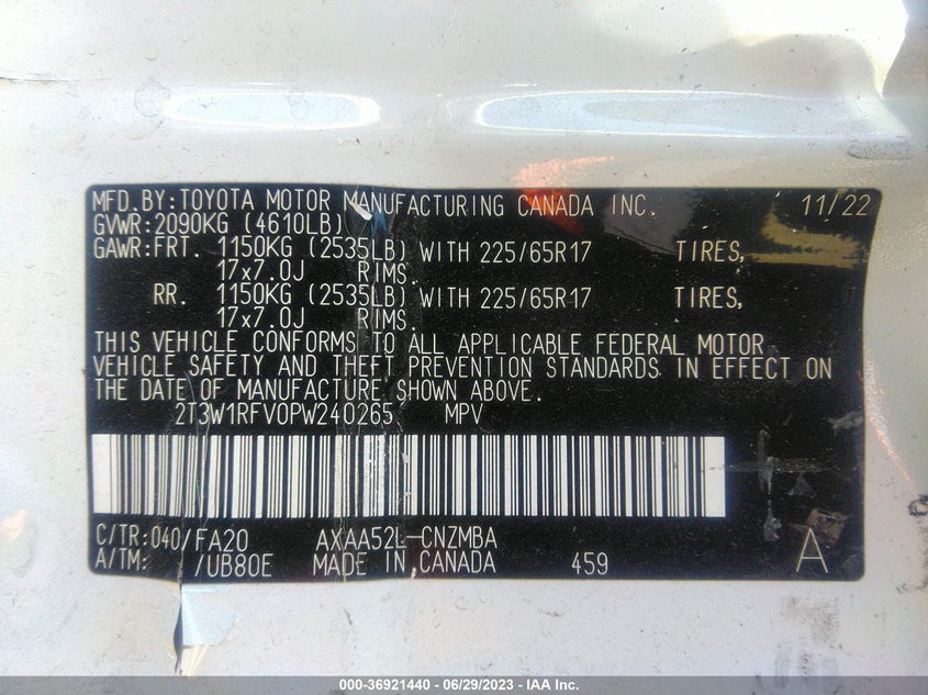 VIN 2T3W1RFV0PW240265 2023 TOYOTA RAV4 XLE