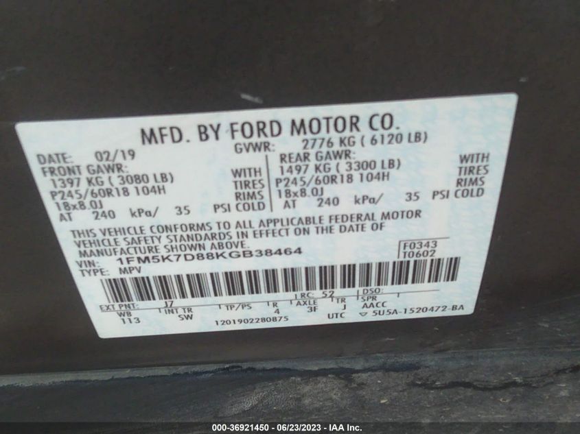 2019 FORD EXPLORER XLT - 1FM5K7D88KGB38464