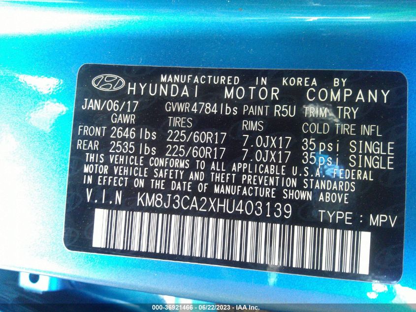 2017 HYUNDAI TUCSON ECO - KM8J3CA2XHU403139
