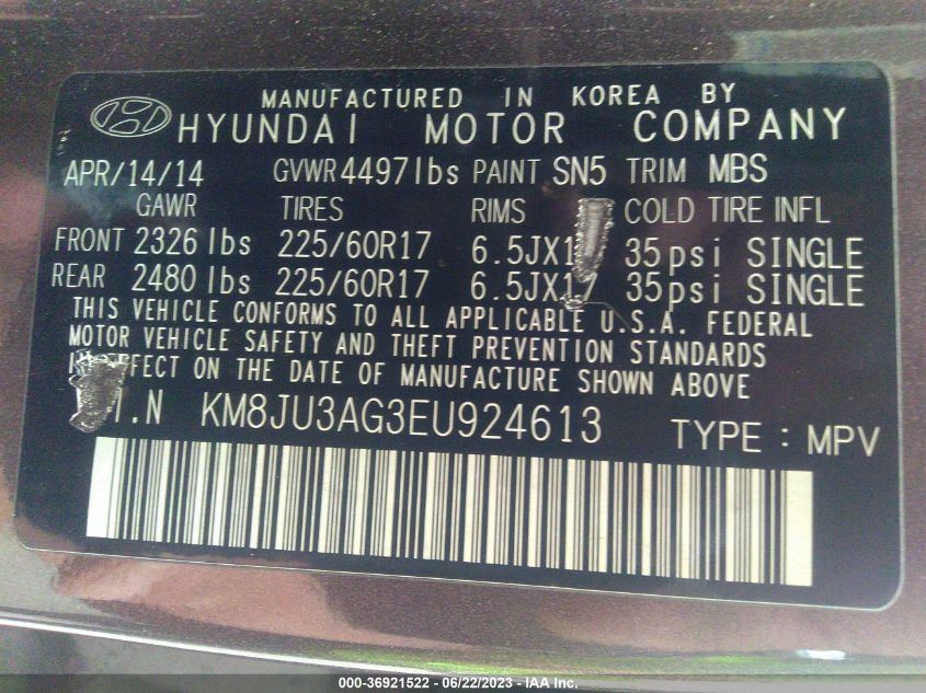 2014 HYUNDAI TUCSON GLS/LIMITED/SE - KM8JU3AG3EU924613