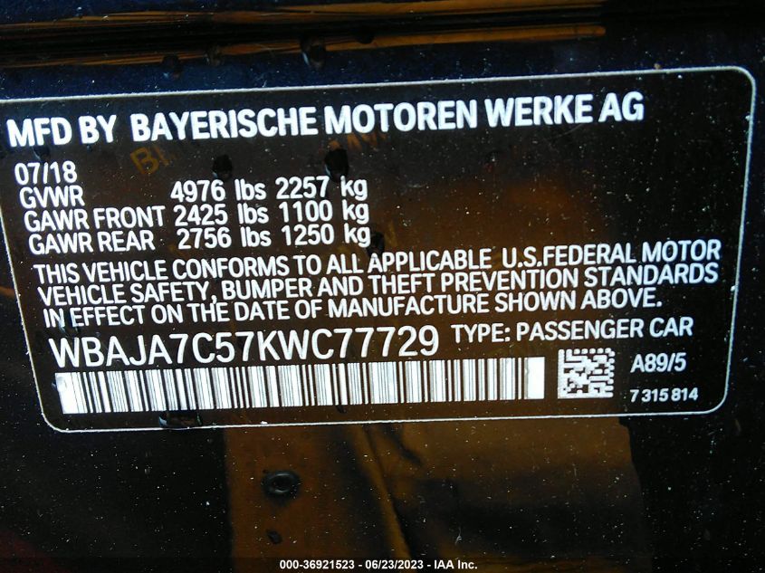 2019 BMW 5 SERIES 530I XDRIVE - WBAJA7C57KWC77729