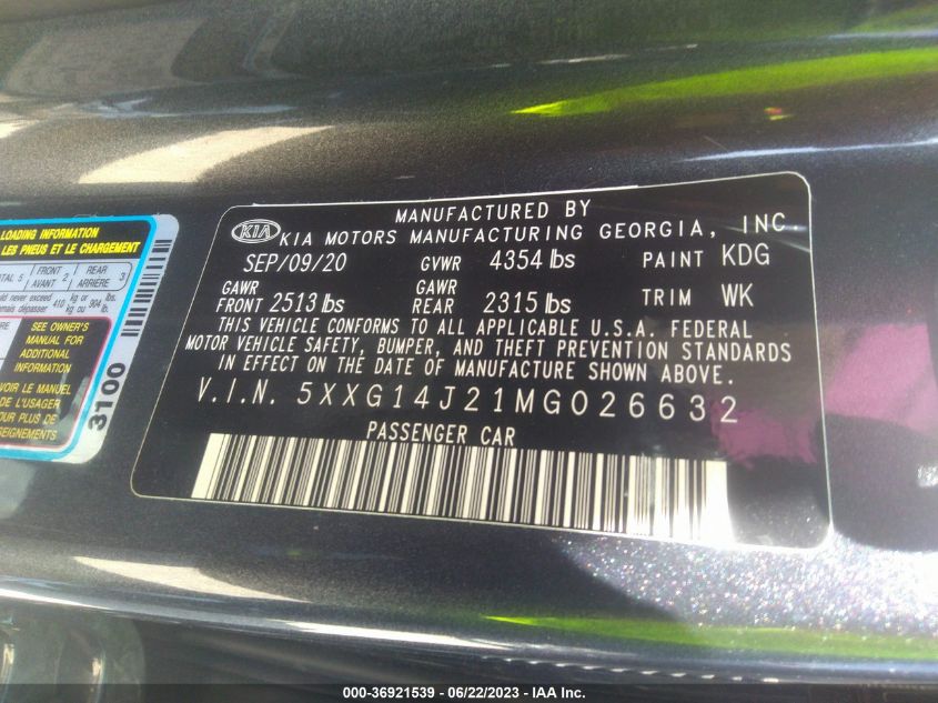 2021 KIA K5 LXS - 5XXG14J21MG026632