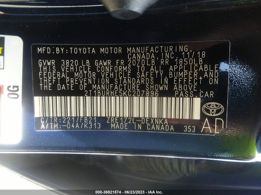 2019 TOYOTA COROLLA L/LE/XLE/SE/XSE - 2T1BURHE5KC207896
