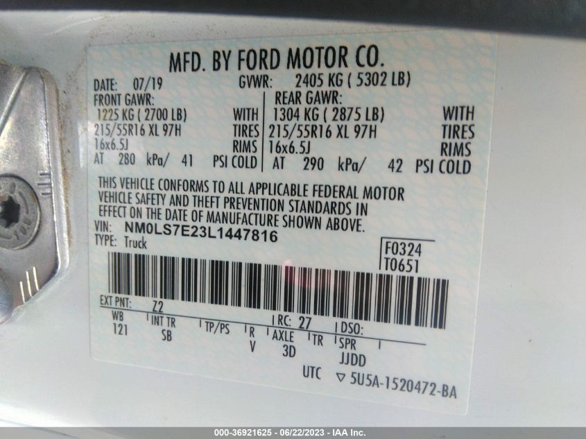 2020 FORD TRANSIT CONNECT VAN XL NM0LS7E23L1447816