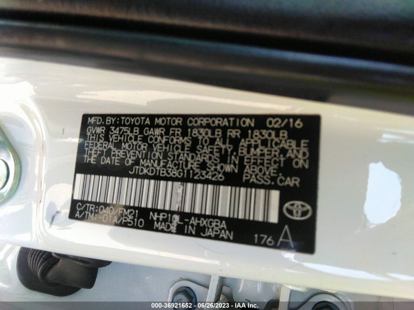 2016 TOYOTA PRIUS C ONE/TWO/THREE/FOUR - JTDKDTB38G1123426