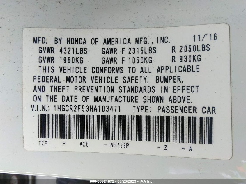 2017 HONDA ACCORD SEDAN SPORT - 1HGCR2F53HA103471