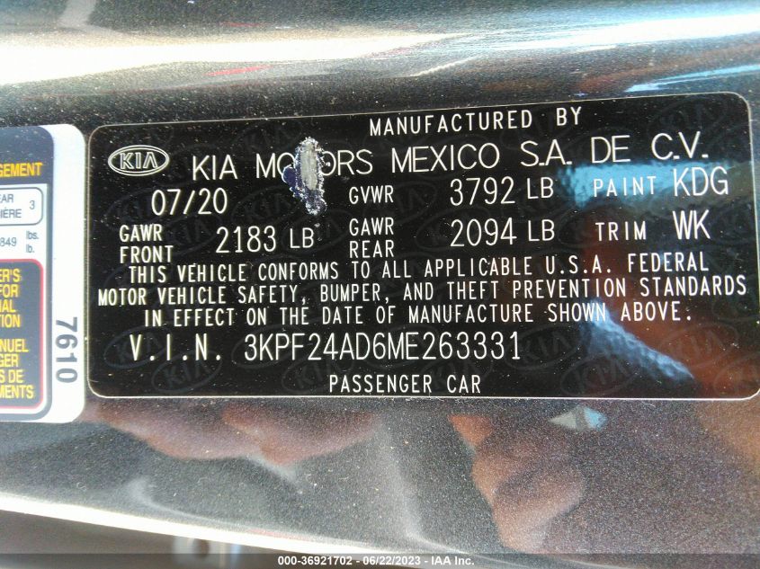 2021 KIA FORTE LXS - 3KPF24AD6ME263331