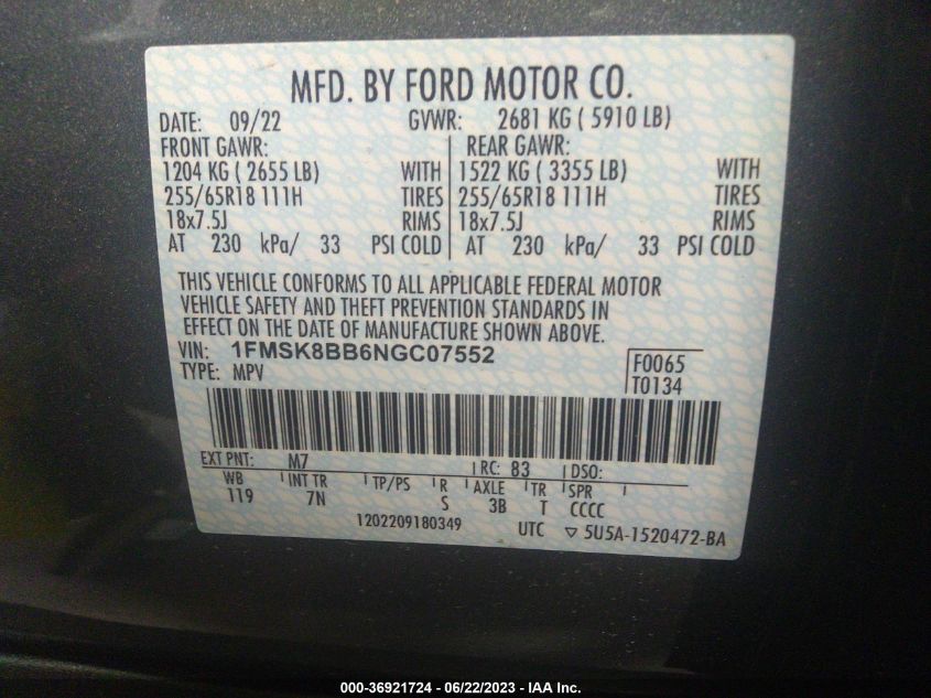 2022 FORD EXPLORER BASE - 1FMSK8BB6NGC07552