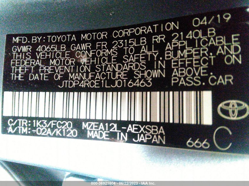 2020 TOYOTA COROLLA SE - JTDP4RCE1LJ016463