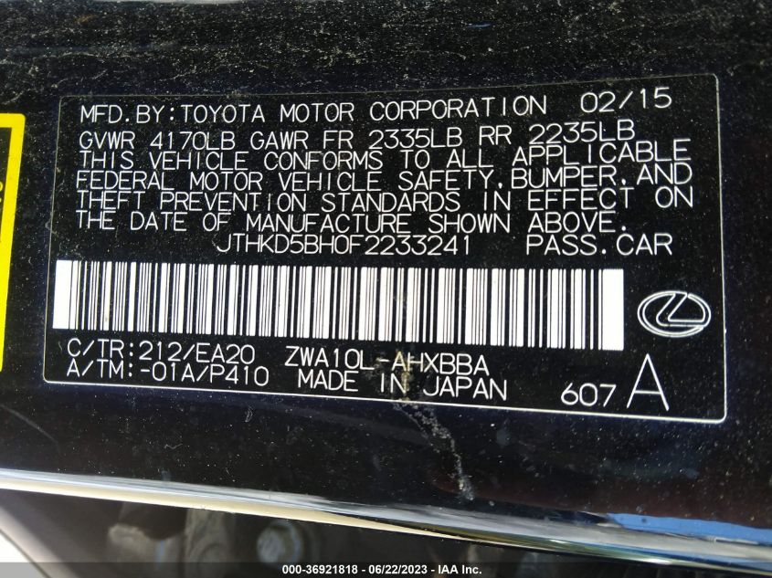 2015 LEXUS CT 200H HYBRID - JTHKD5BH0F2233241