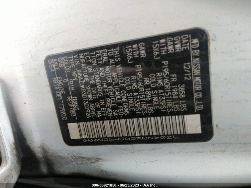 2013 NISSAN CUBE S JN8AZ2KR3DT302926
